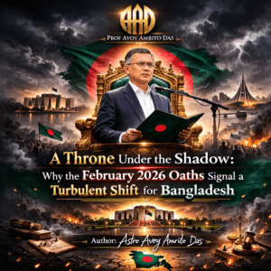 Bangladesh Prime Minister taking oath February 2026 with zodiac wheel background – Political astrology analysis by Avoy Amrito Das